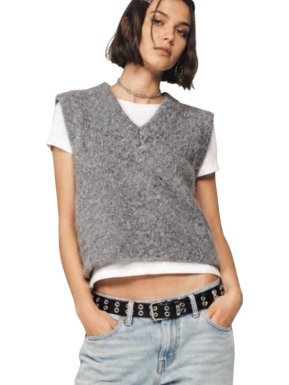 Christian Lacroix Fuzzy Wool Blend Sweater West L Grey V Neck Minimalist Preppy